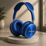 Blue headphones on a gray stand with a neutral background