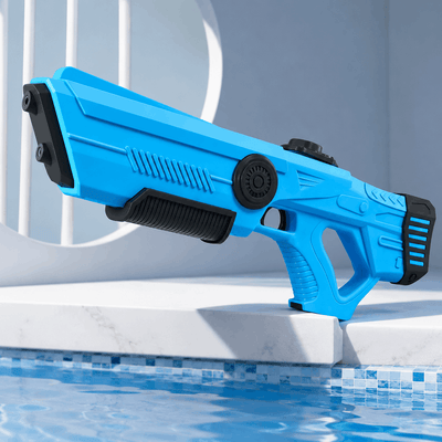 Blue water gun on a pool ledge with water splashes in the background