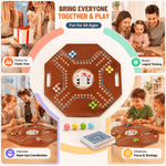 Board game with colorful pieces and text highlighting family fun and educational benefits.