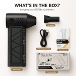 Box contents layout for a mini jet fan set on a light beige background, including the black handheld fan, air nozzle, USB charging cable, user manual, and packaging box with labeled callouts.