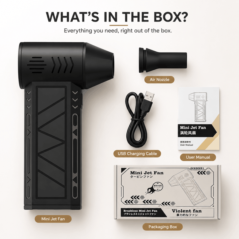Box contents layout for a mini jet fan set on a light beige background, including the black handheld fan, air nozzle, USB charging cable, user manual, and packaging box with labeled callouts.