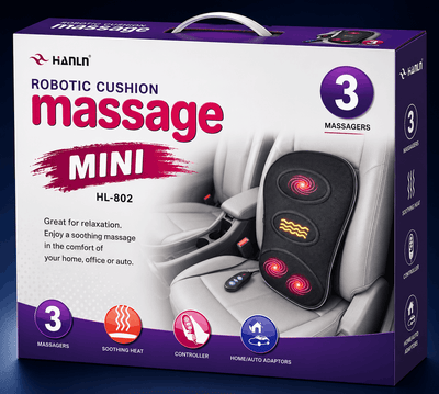 Box of Hanlin Robotic Cushion Massage Mini HL-802 with massage device illustration on a dark background