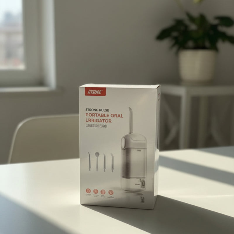 Box of a portable oral liquidizer on a table with a plant in the background At Aezoon