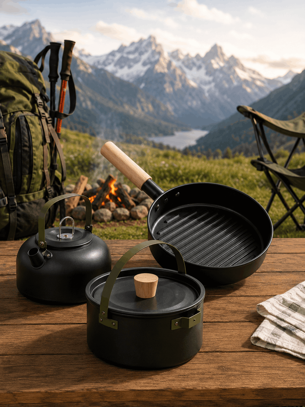 Camping cookware set on a wooden table with a scenic mountain backdrop