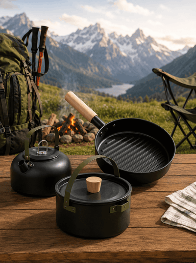 Camping cookware set on a wooden table with a scenic mountain backdrop
