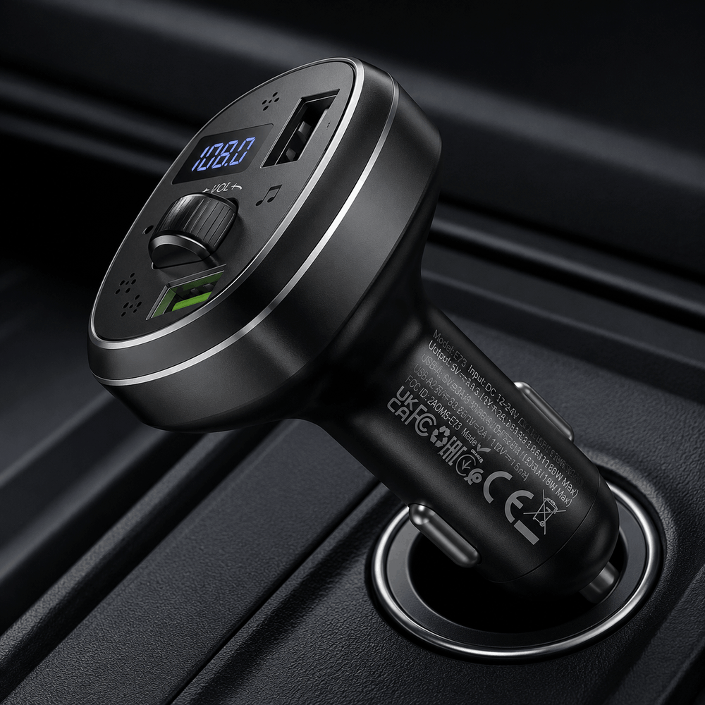 Car charger with digital display and multiple ports on a dark background