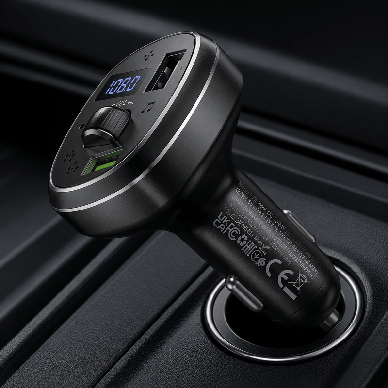 Car charger with digital display and multiple ports on a dark background