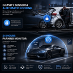 Car dash cam features showing 24-hour parking monitor mode and G-sensor automatic emergency locking during a collision