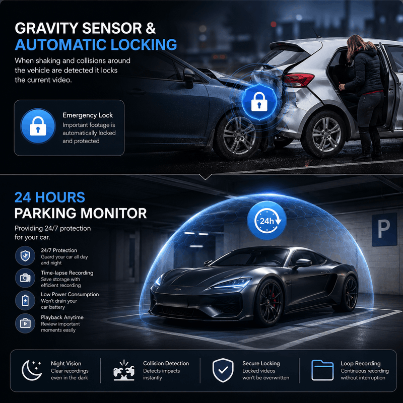 Car dash cam features showing 24-hour parking monitor mode and G-sensor automatic emergency locking during a collision