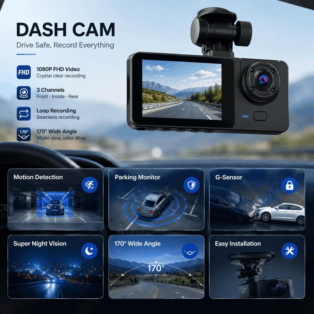 Car dash cam with features displayed on a screen