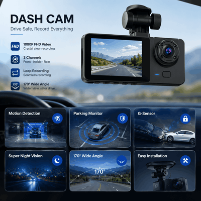 Car dash cam with features displayed on a screen