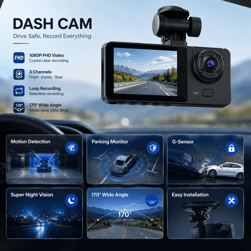 Car dash cam with features displayed on a screen