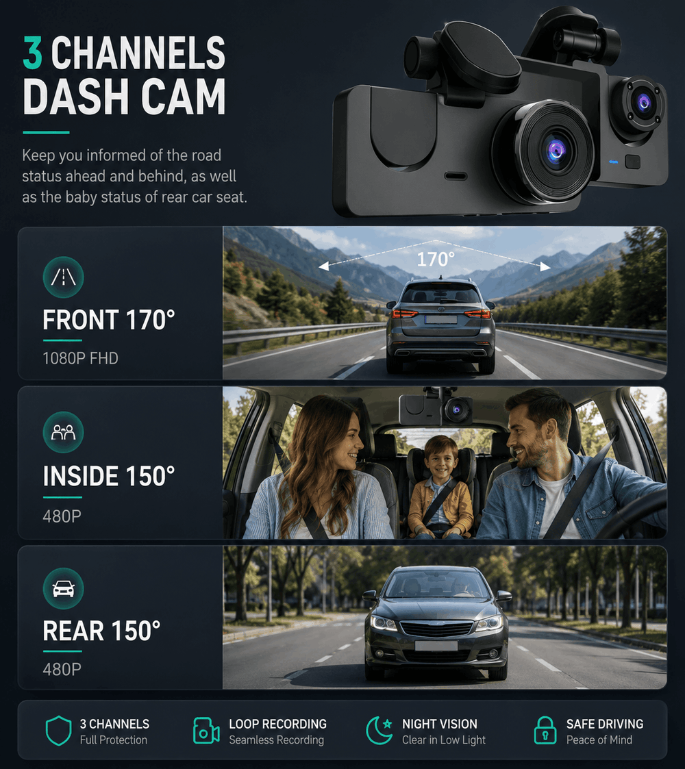 Car dash cam with multiple viewing angles and features on a dark background