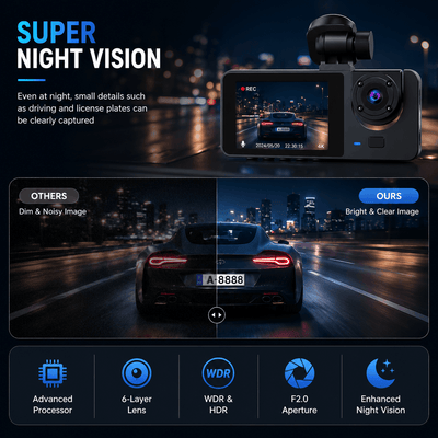 Car dashboard camera with night vision feature on a dark road.