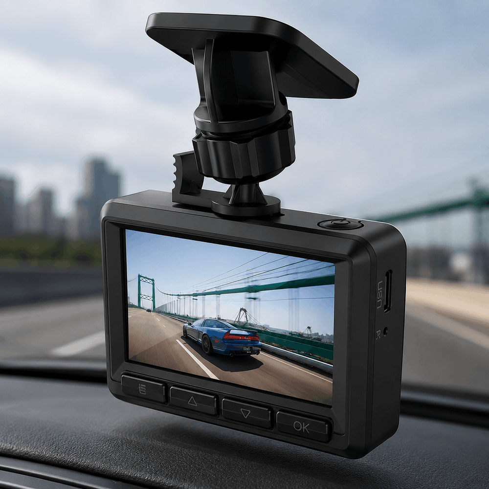 Car dashboard camera with screen displaying a road scene, mounted on a car's dashboard.