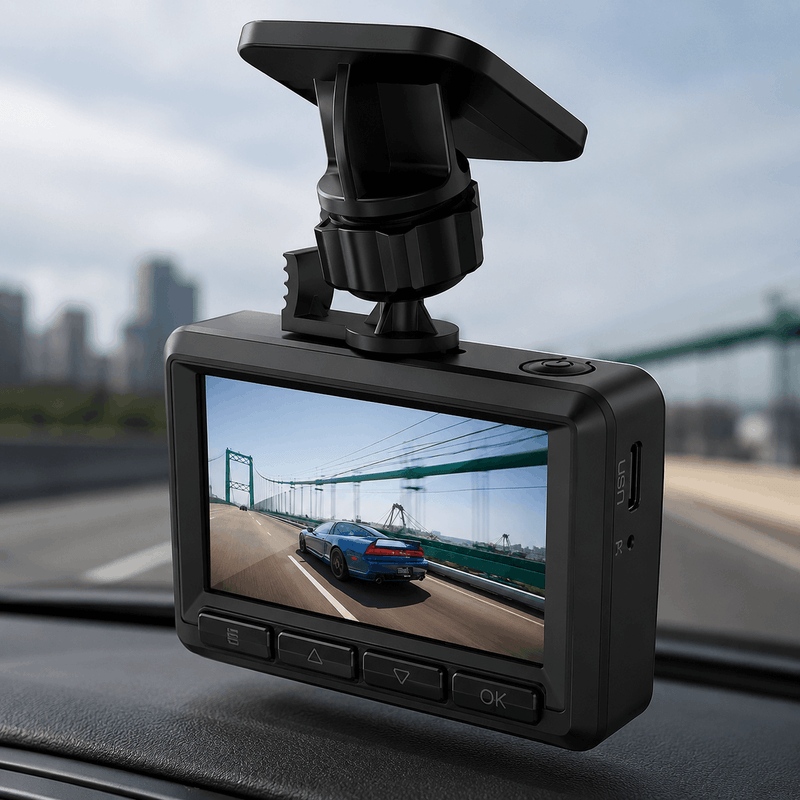 Car dashboard camera with screen displaying a road scene, mounted on a car's dashboard.