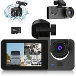 Car dashboard camera with two cameras, screen displaying footage, and 32GB microSD card. At Aezoon