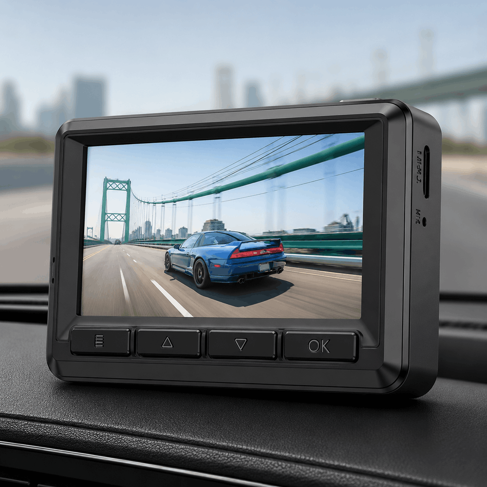 Car dashboard with a screen displaying a blue car on a bridge