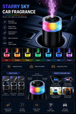 Car fragrance diffuser with colorful light display and features listed on a dark background
