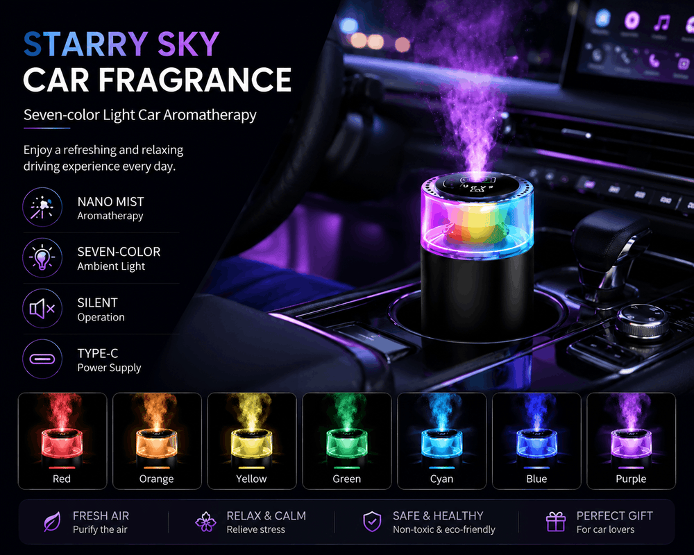 Car fragrance diffuser with colorful lights on a car dashboard