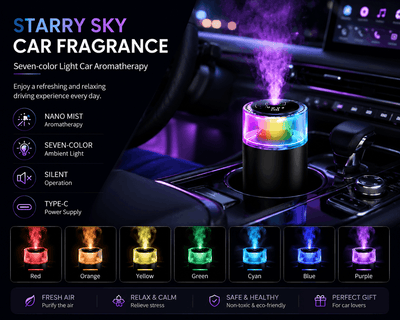 Car fragrance diffuser with colorful lights on a car dashboard