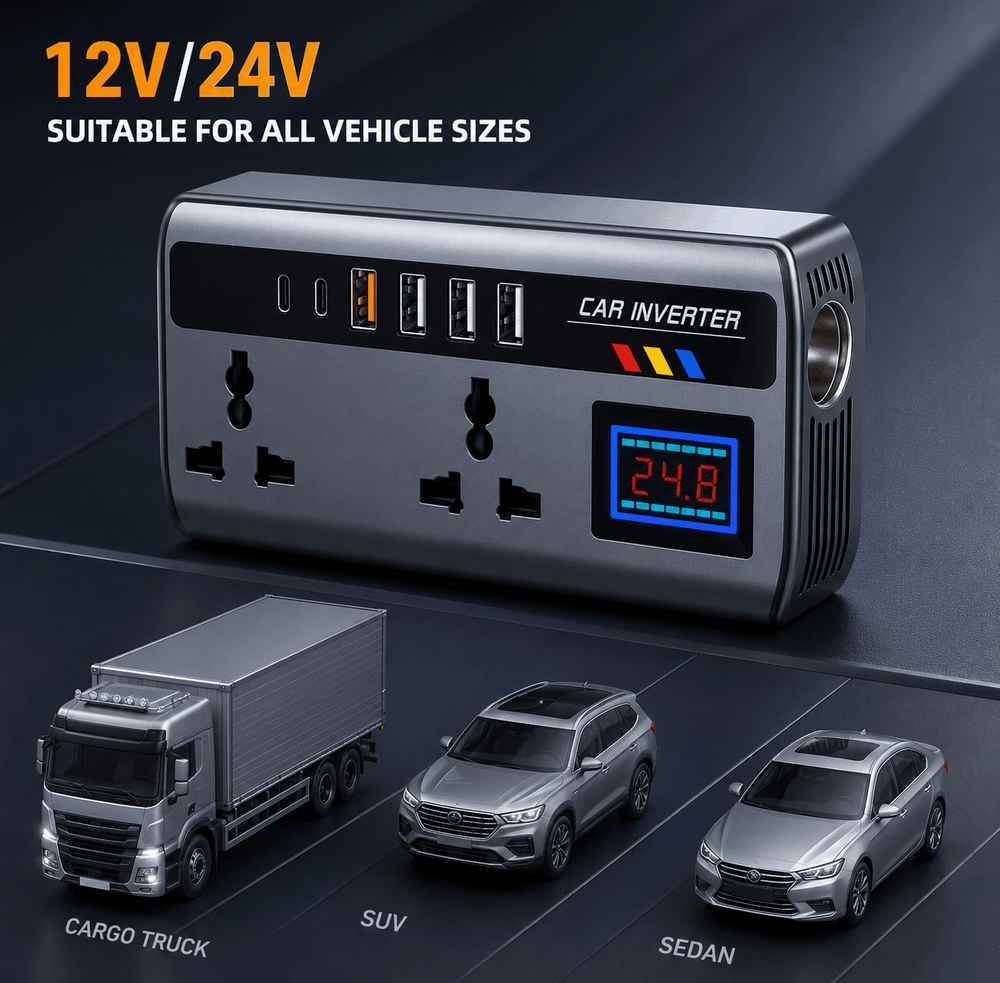 Car inverter suitable for all vehicle sizes with display and connectors on a dark background.