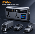 Car inverter suitable for all vehicle sizes with display and connectors on a dark background.