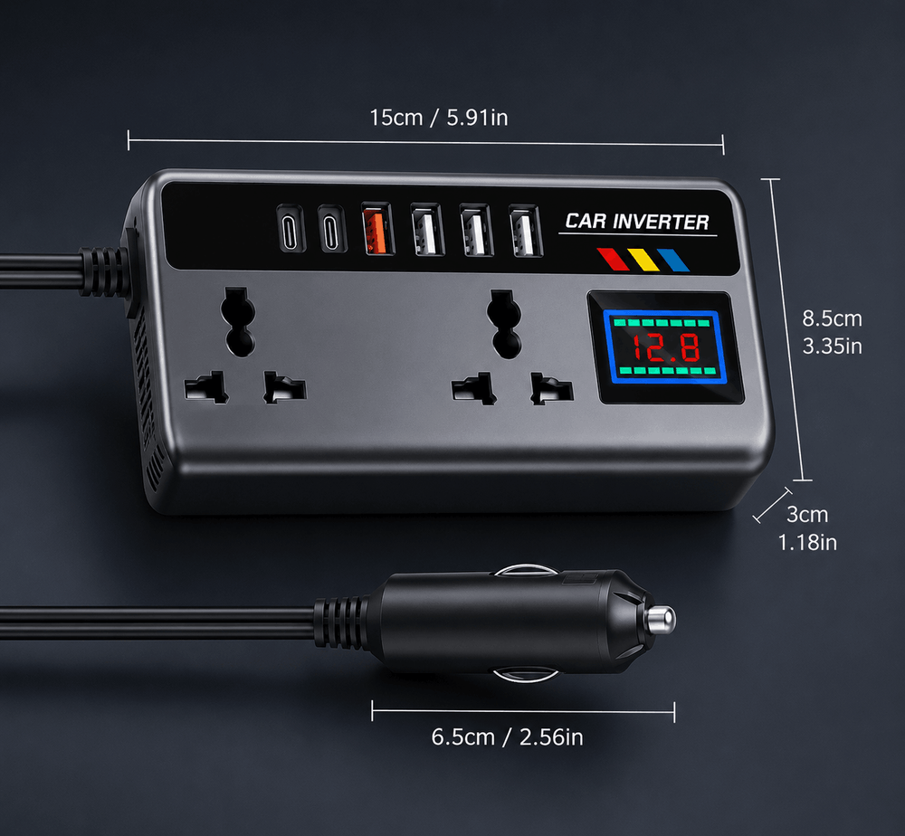 Car inverter with USB ports and measurement details on a dark background