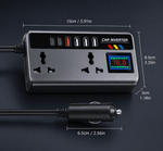 Car inverter with USB ports and measurement details on a dark background