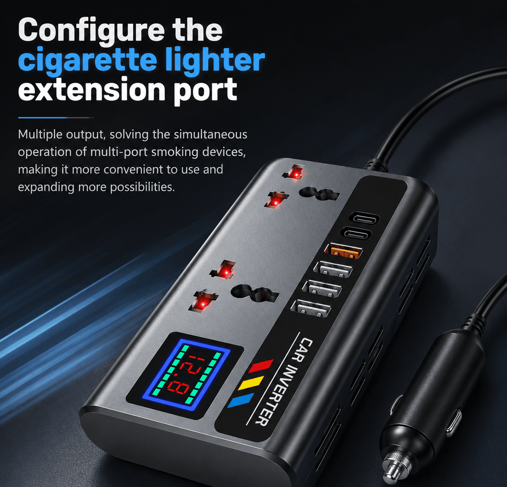 Car inverter with multiple output ports and digital display on a dark background