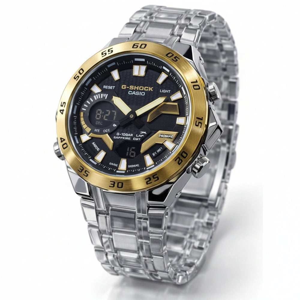 Casio G-Shock watch with clear and gold accents on a white background At Aezoon