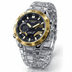 Casio G-Shock watch with clear and gold accents on a white background At Aezoon