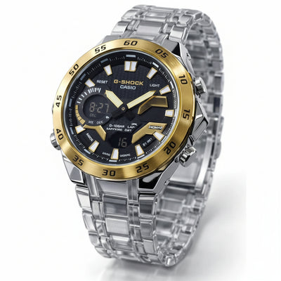 Casio G-Shock watch with clear and gold accents on a white background At Aezoon