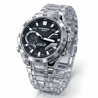 Casio G-Shock watch with clear strap on a white background At Aezoon