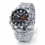 Casio G-Shock watch with silver metal strap on a white background At Aezoon