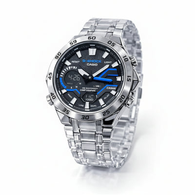 Casio watch with silver and blue design on a white background At Aezoon