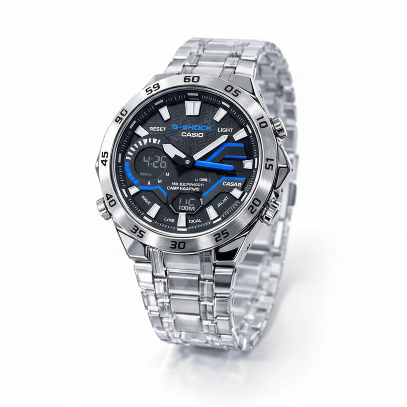 Casio watch with silver and blue design on a white background At Aezoon