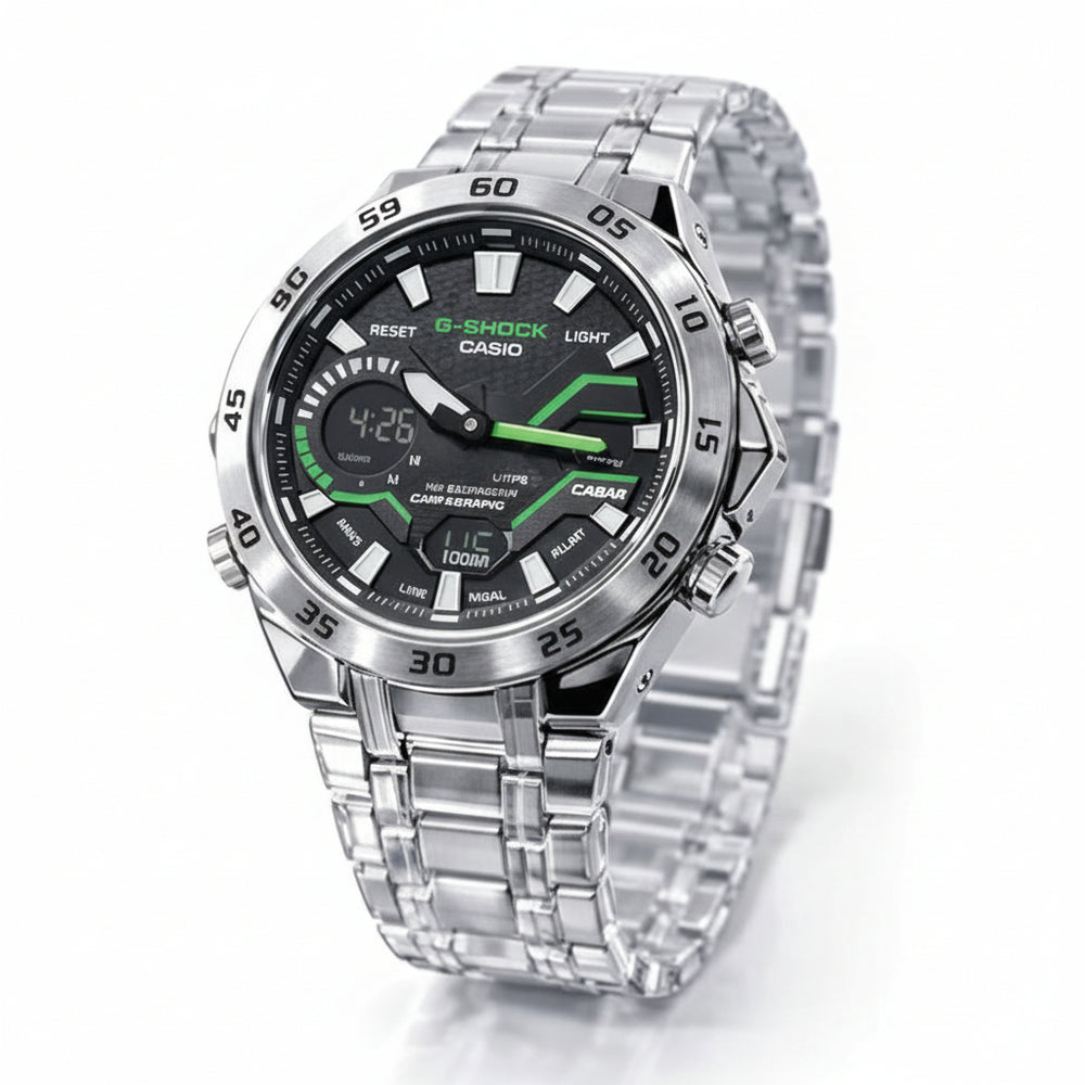 Casio watch with silver strap and green digital display on a white background At Aezoon