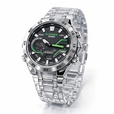 Casio watch with silver strap and green digital display on a white background At Aezoon