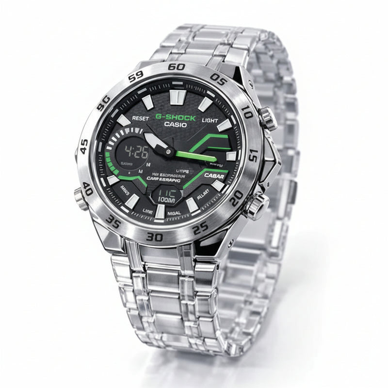Casio watch with silver strap and green digital display on a white background At Aezoon