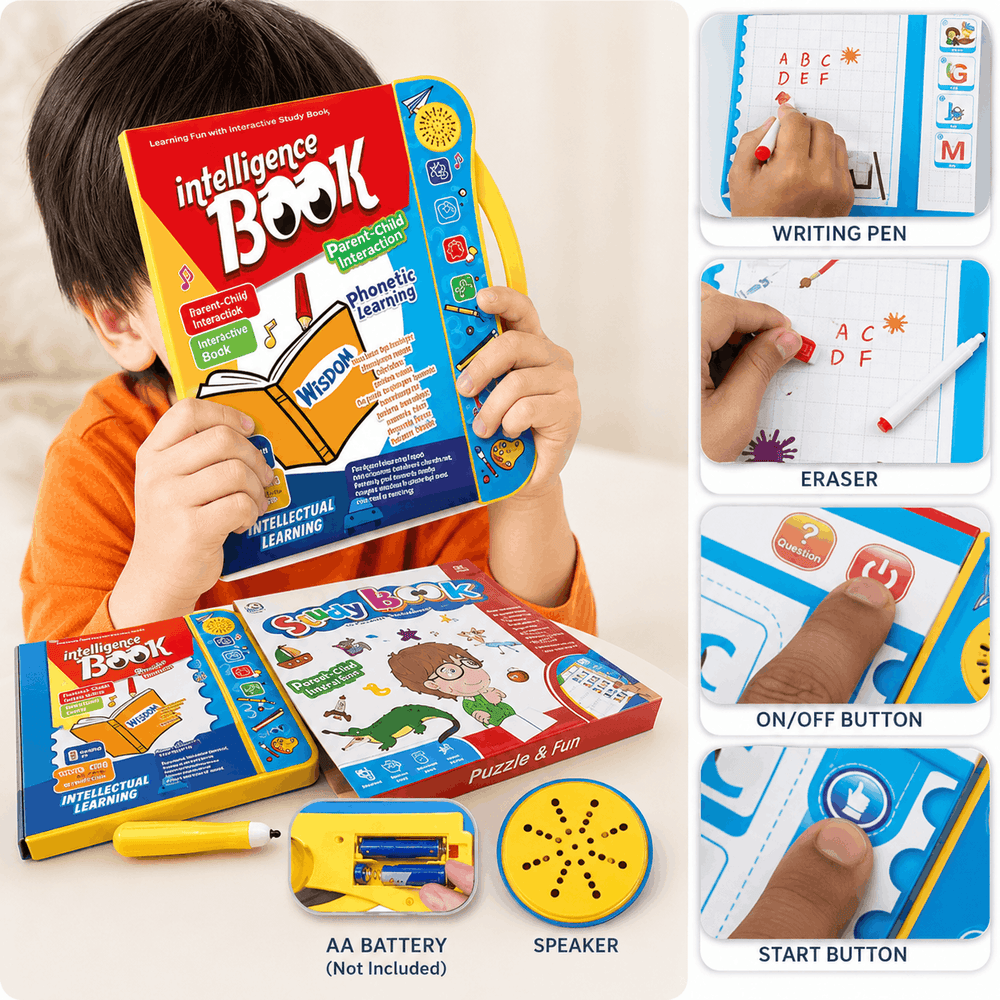 Child holding an educational toy book with various components displayed.