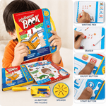Child holding an educational toy book with various components displayed.