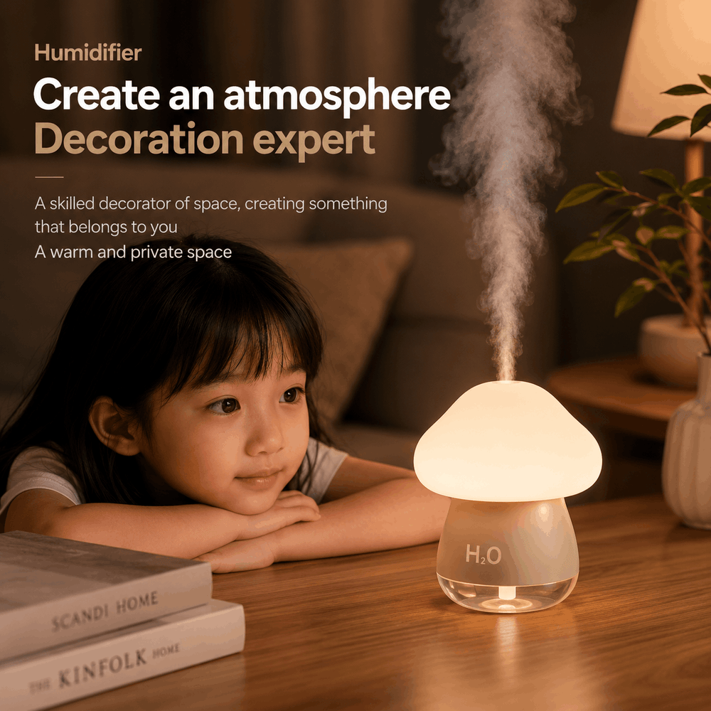Child looking at a mushroom-shaped humidifier emitting steam in a cozy room.