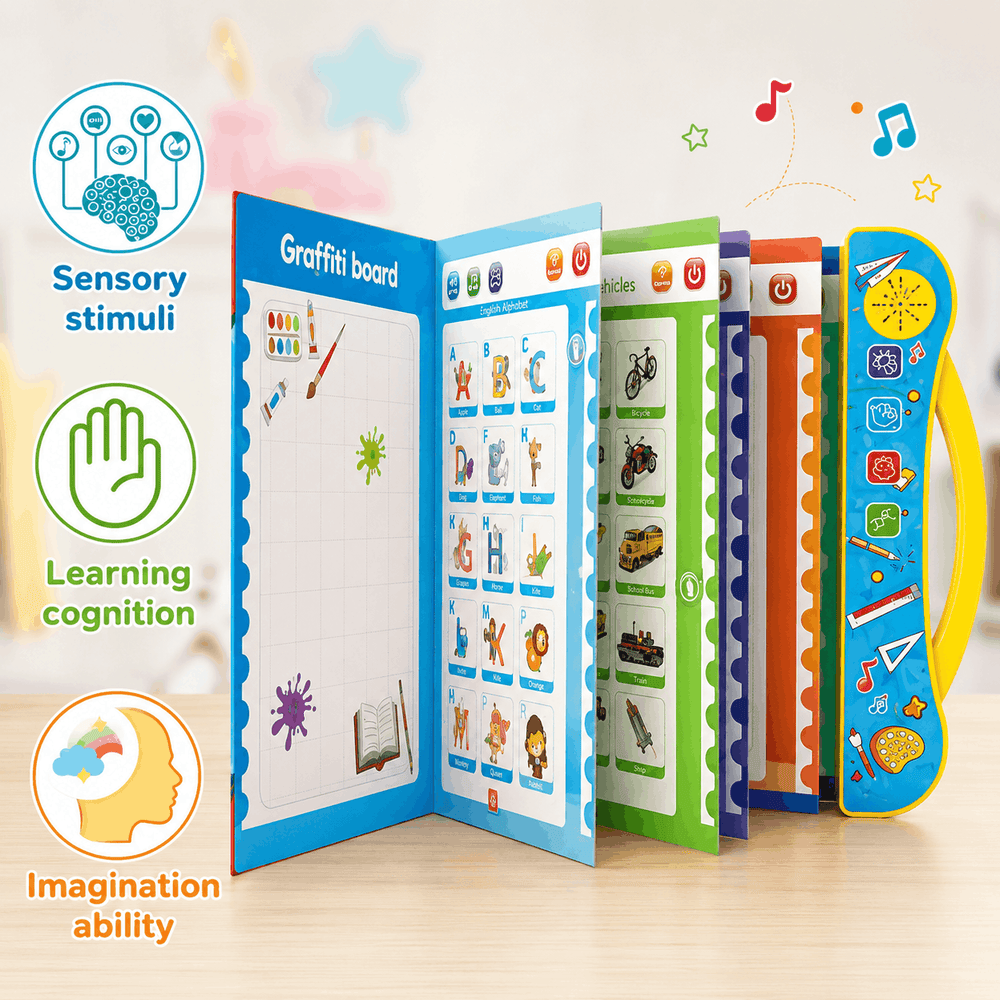 Children's educational board with colorful pages and sensory stimuli on a wooden surface.