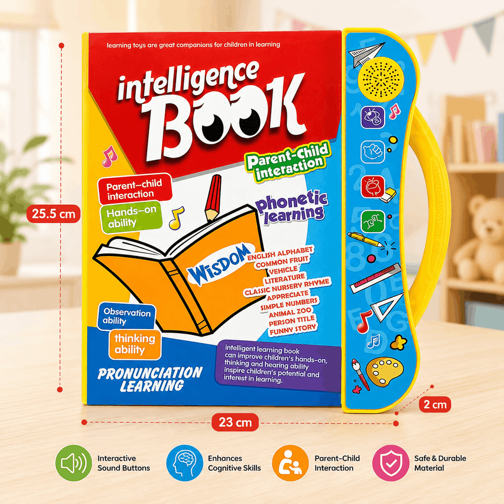 Children's educational book with colorful design and text on a wooden surface
