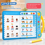 Children's educational toy with interactive pages and a pen on a table.