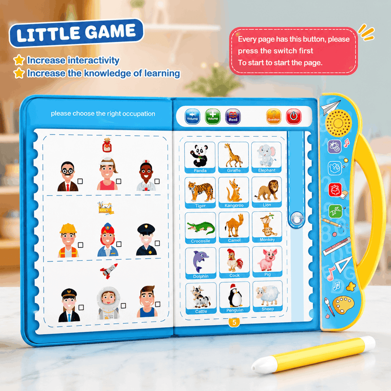 Children's educational toy with interactive pages and a pen on a table.