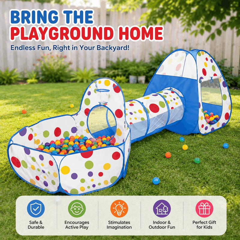Children's play set with ball pit and tunnel on grass, promotional text 'Bring the Playground Home' above.