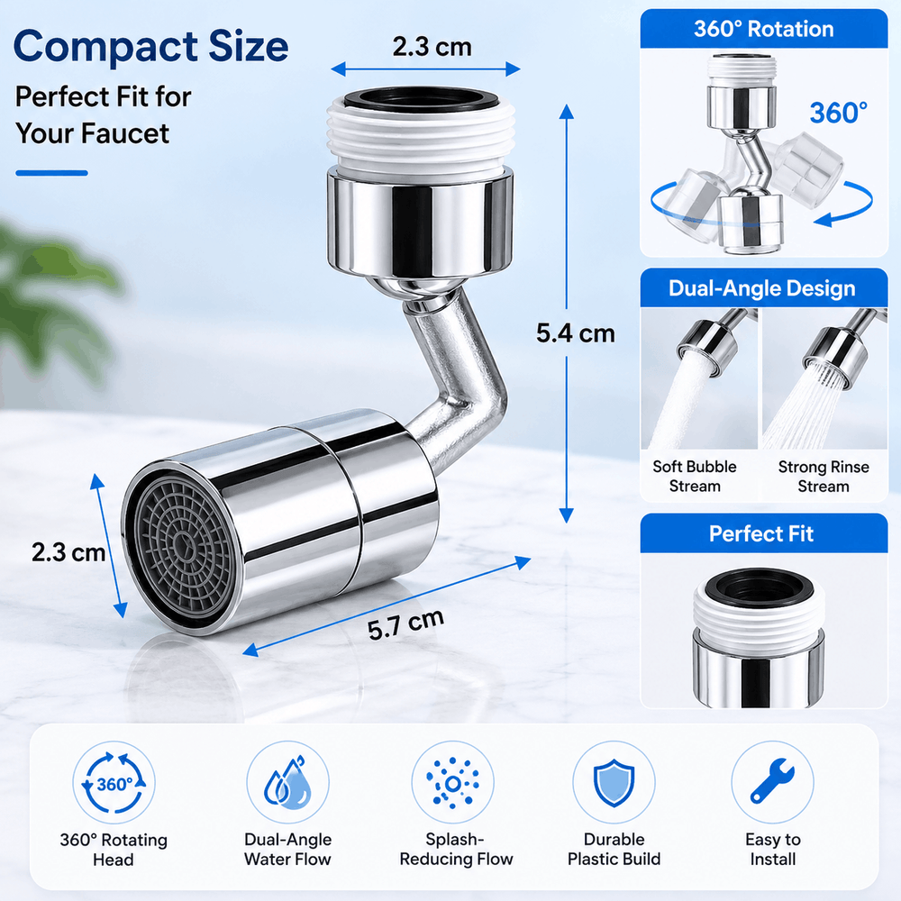 Chrome kitchen faucet attachment with measurements and features on a light blue background