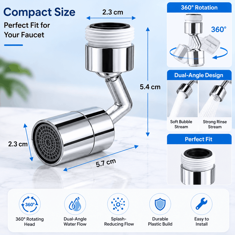 Chrome kitchen faucet attachment with measurements and features on a light blue background